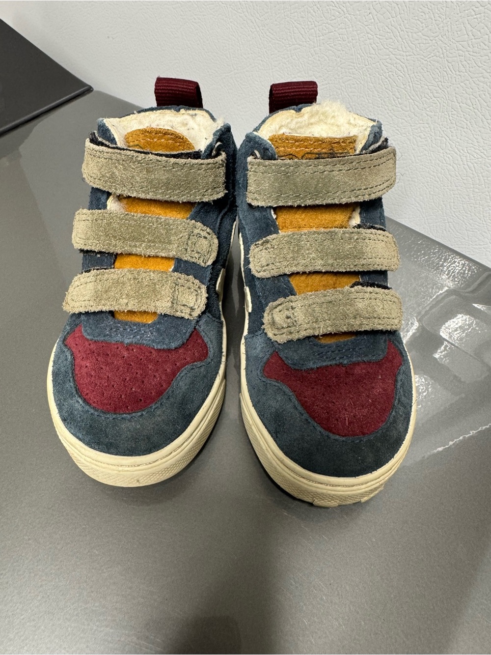 Veja Kids Triple-Strap Suede Sneakers in Navy, Burgundy & Tan